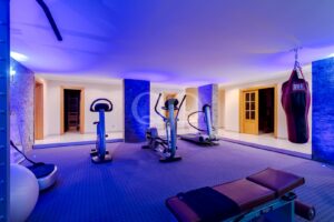 Ginásio doméstico sob iluminação ambiente azul, com máquinas de cardio (duas bicicletas estáticas, passadeira, elíptica) e um saco de boxe vermelho suspenso junto a colunas de pedra e portas de madeira.