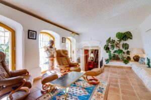 Sala de estar bem iluminada pelo sol, com poltronas reclináveis de couro castanho-claro, uma mesa de centro de vidro e uma grande planta monstera junto a uma lareira de pedra.