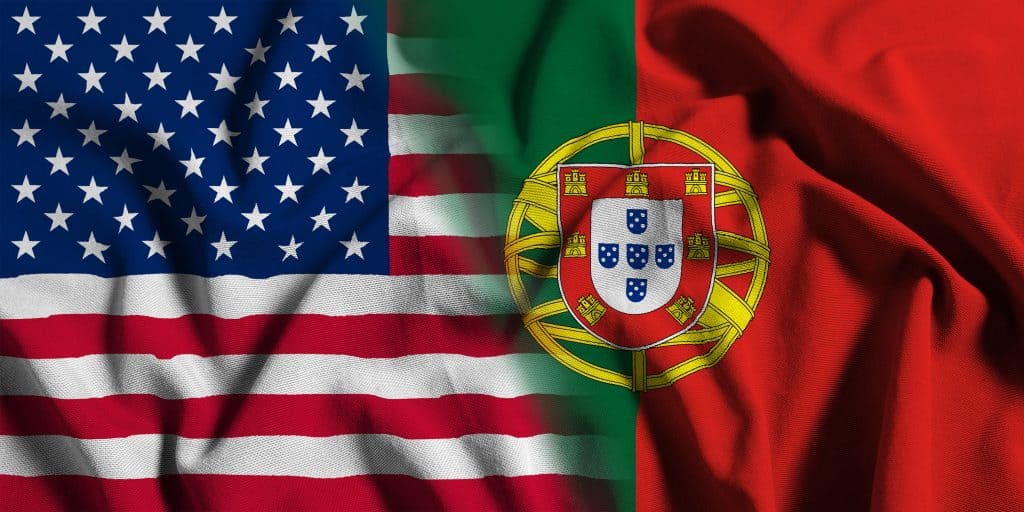 Blended flags of the USA and Portugal representing unity