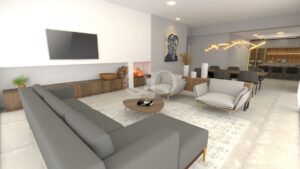 Modernes, offen gestaltetes Wohnzimmer mit grauer Sofagarnitur, rundem Couchtisch aus Holz und einem eingebauten Kamin; der Fernseher ist an der weißen Wand befestigt, darunter befindet sich ein Aufbewahrungsregal aus Holz.