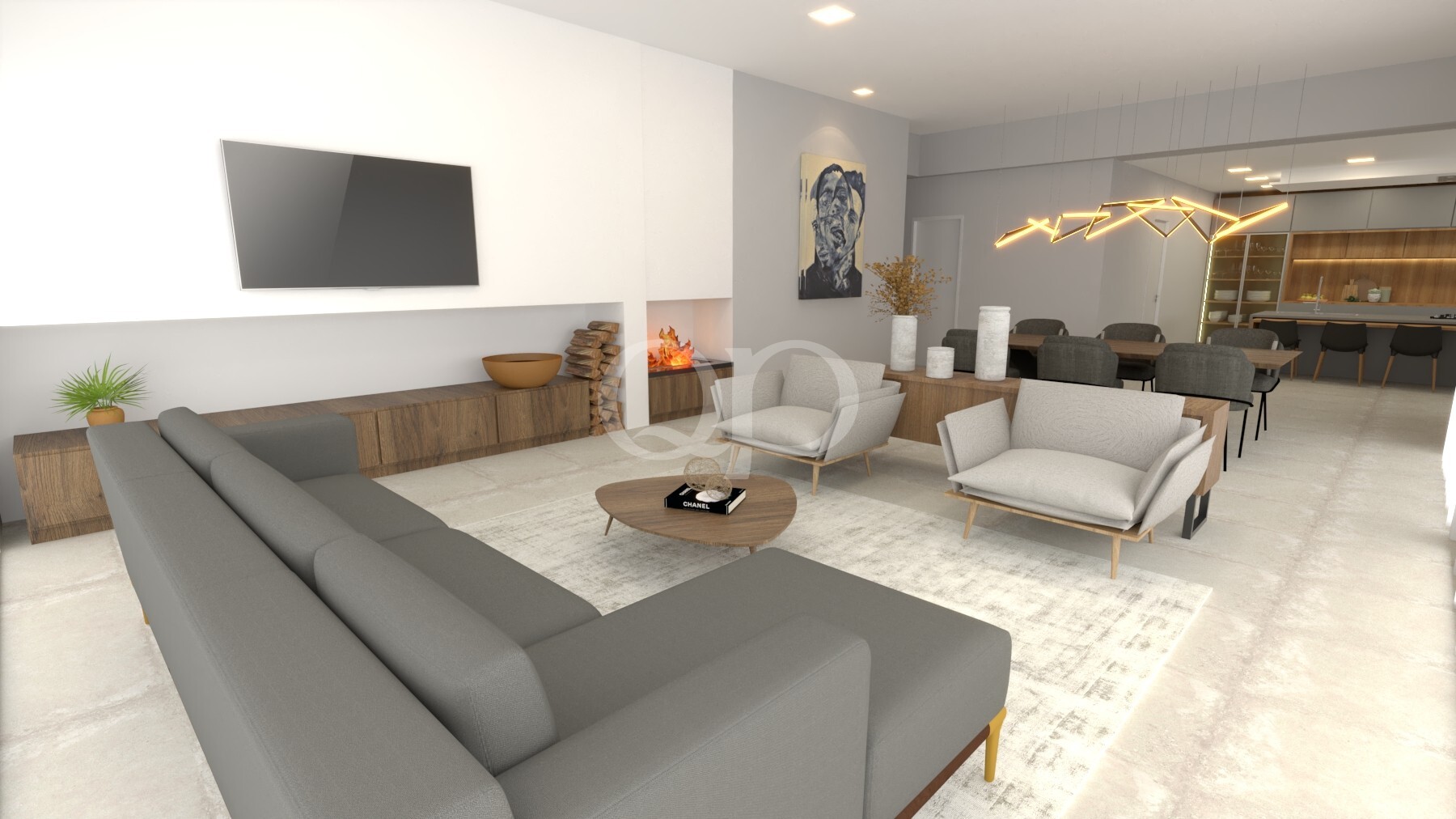 Modernes, offen gestaltetes Wohnzimmer mit grauer Sofagarnitur, rundem Couchtisch aus Holz und einem eingebauten Kamin; der Fernseher ist an der weißen Wand befestigt, darunter befindet sich ein Aufbewahrungsregal aus Holz.