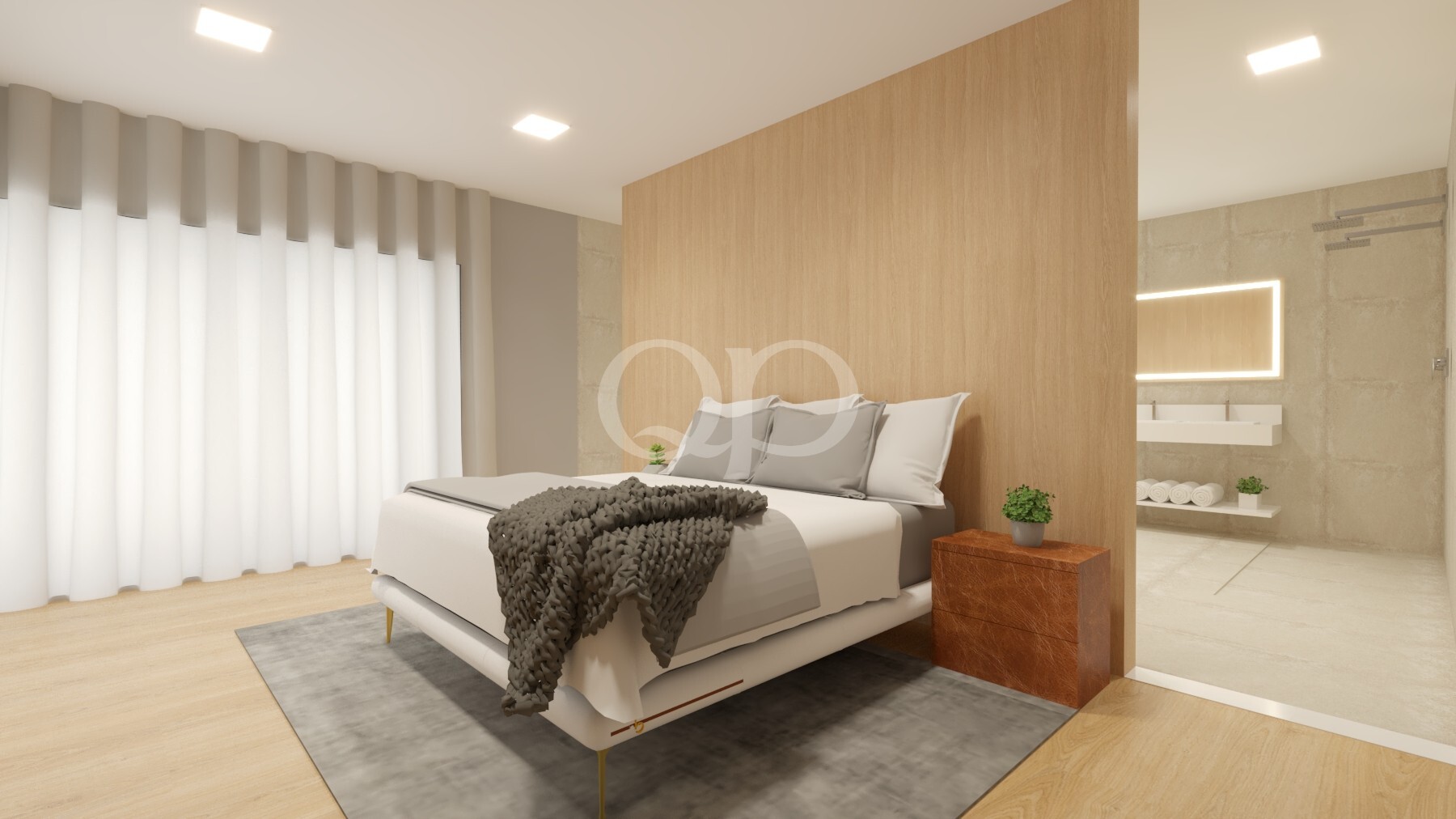 Modernes Schlafzimmer mit einer Trennwand aus hellem Holz, einem niedrigen Bett, grauer Bettwäsche und einer strukturierten Überwurfdecke.