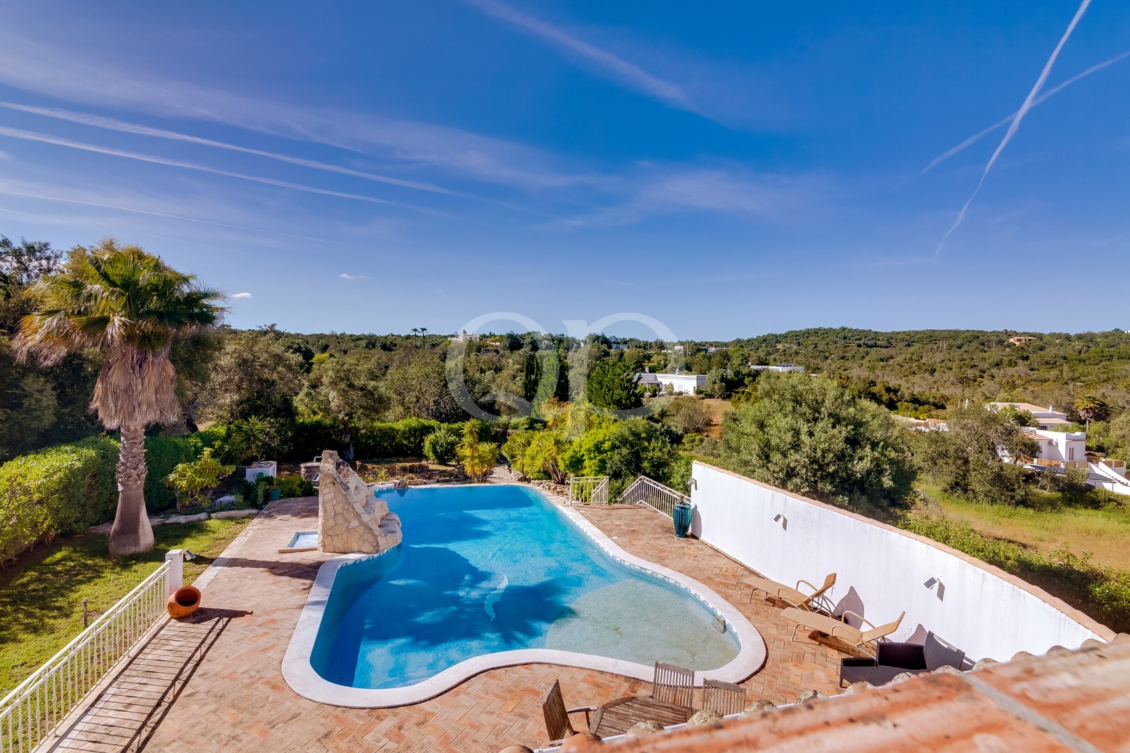 Jardin avec une piscine de forme irrégulière, un palmier, une terrasse en terre cuite et la verdure à flanc de colline, sous un ciel bleu limpide.