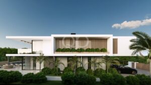 Modernes, weißes, zweistöckiges Haus mit großen Glaswänden, Holzlamellen, gepflegten Hecken, Palmen und einem dunklen Auto in der Einfahrt