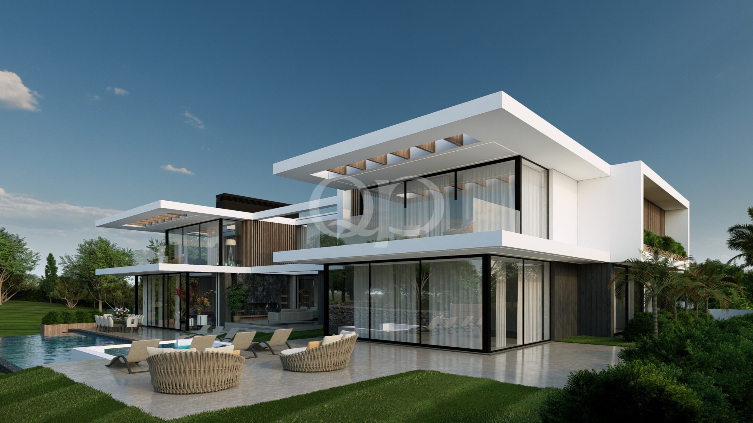 Modern white luxury house with glass walls, large overhanging white beams, and a surrounding pool area with lounge chairs.