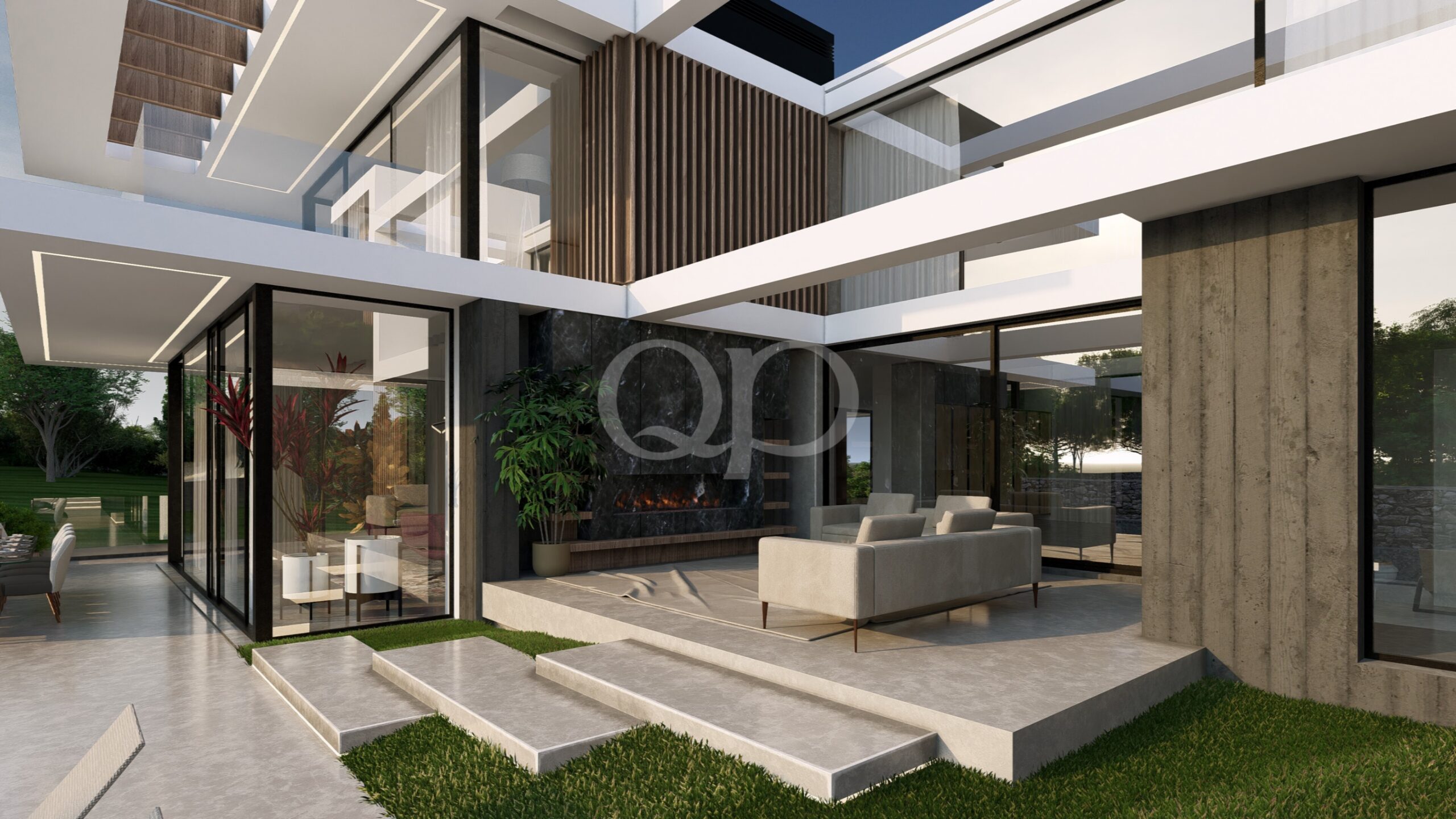 Moderne, verglaste Terrasse eines zeitgenössischen zweistöckigen Hauses mit weißen Dachüberständen und einem Sitzbereich im Freien.