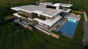 Luftaufnahme einer modernen, mehrstöckigen Villa mit weißer und holzverkleideter Fassade, großzügigen Terrassen und einem langen Pool in einem landschaftlich gestalteten Garten.