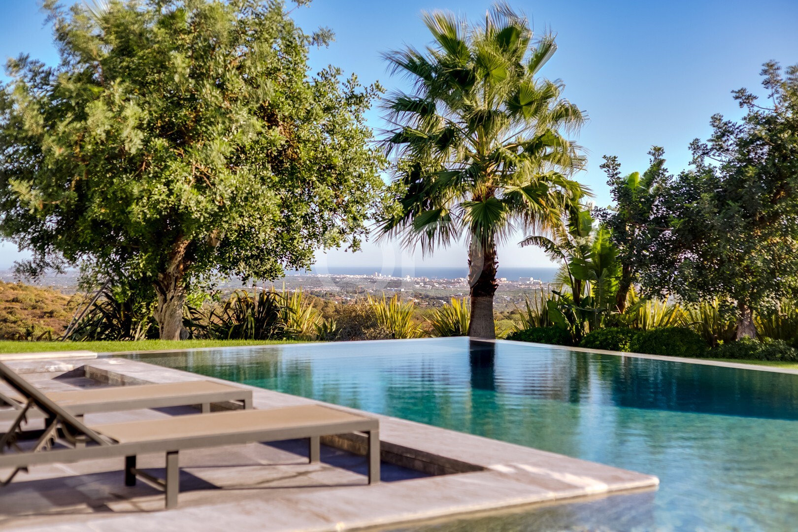 Infinity pool with wooden lounge chairs, framed by palm trees, overlooking a coastal city and the sea on a clear day.
