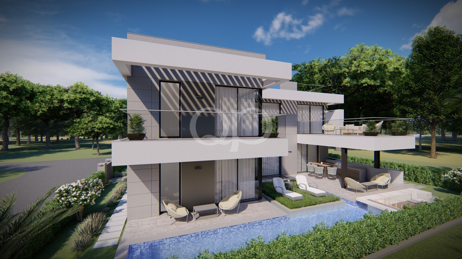 Contemporary white multi‑level home with large balconies, glass walls, and a blue tiled pool set in a landscaped yard.