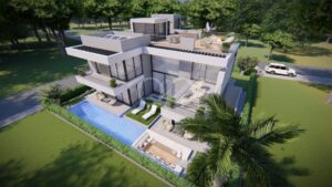 Aerial view of a modern multi‑story villa with rooftop terrace, pool, and surrounding green lawn.