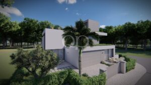 Architectural rendering of a modern white/gray two-story house with a palm tree in front, patio seating, and a cobblestone driveway set among dense trees.