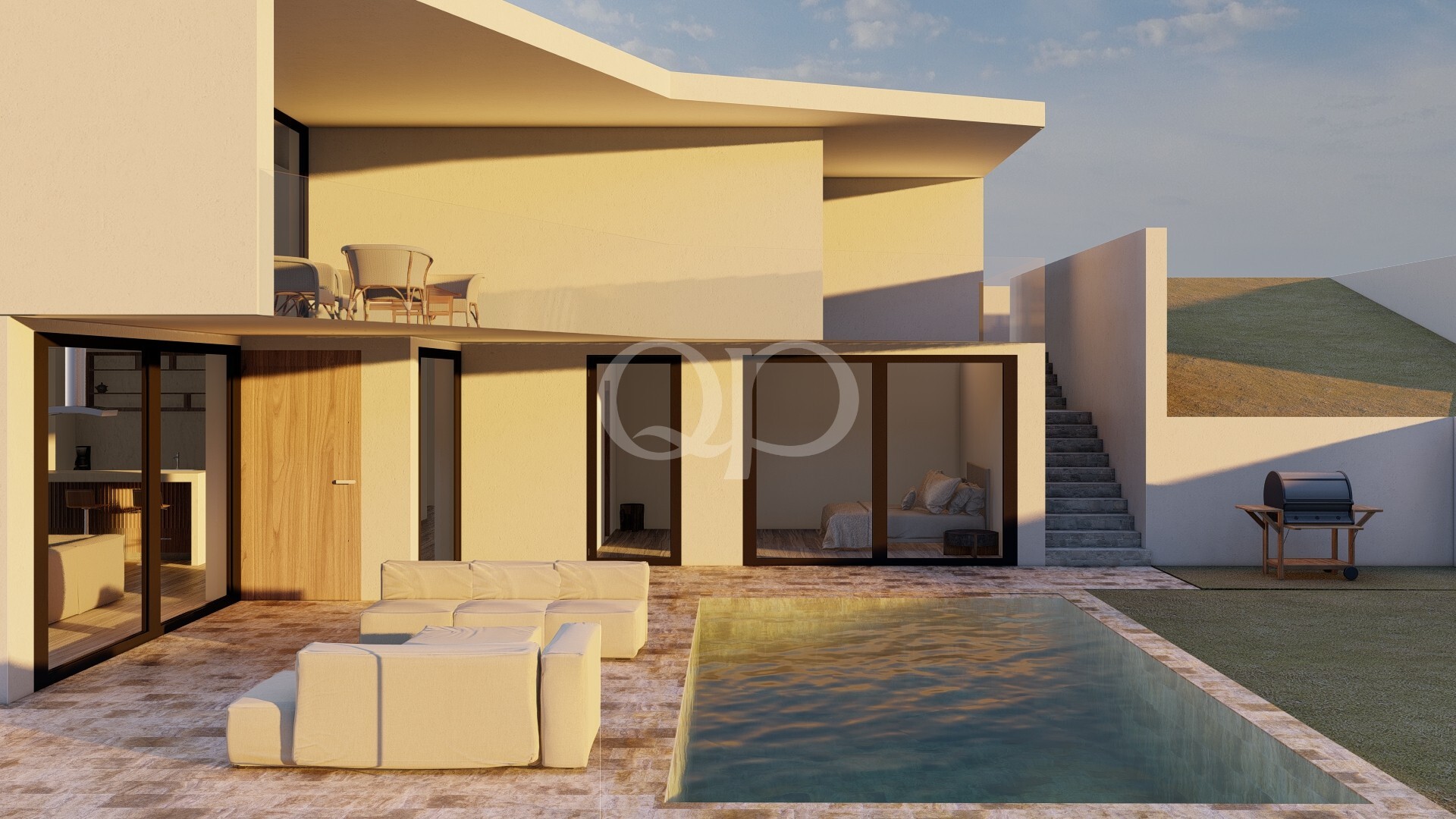 Maison moderne de couleur beige, dotée de baies vitrées coulissantes, d'un coin salon extérieur et d'une piscine rectangulaire, au coucher du soleil, dans un cadre à flanc de colline.
