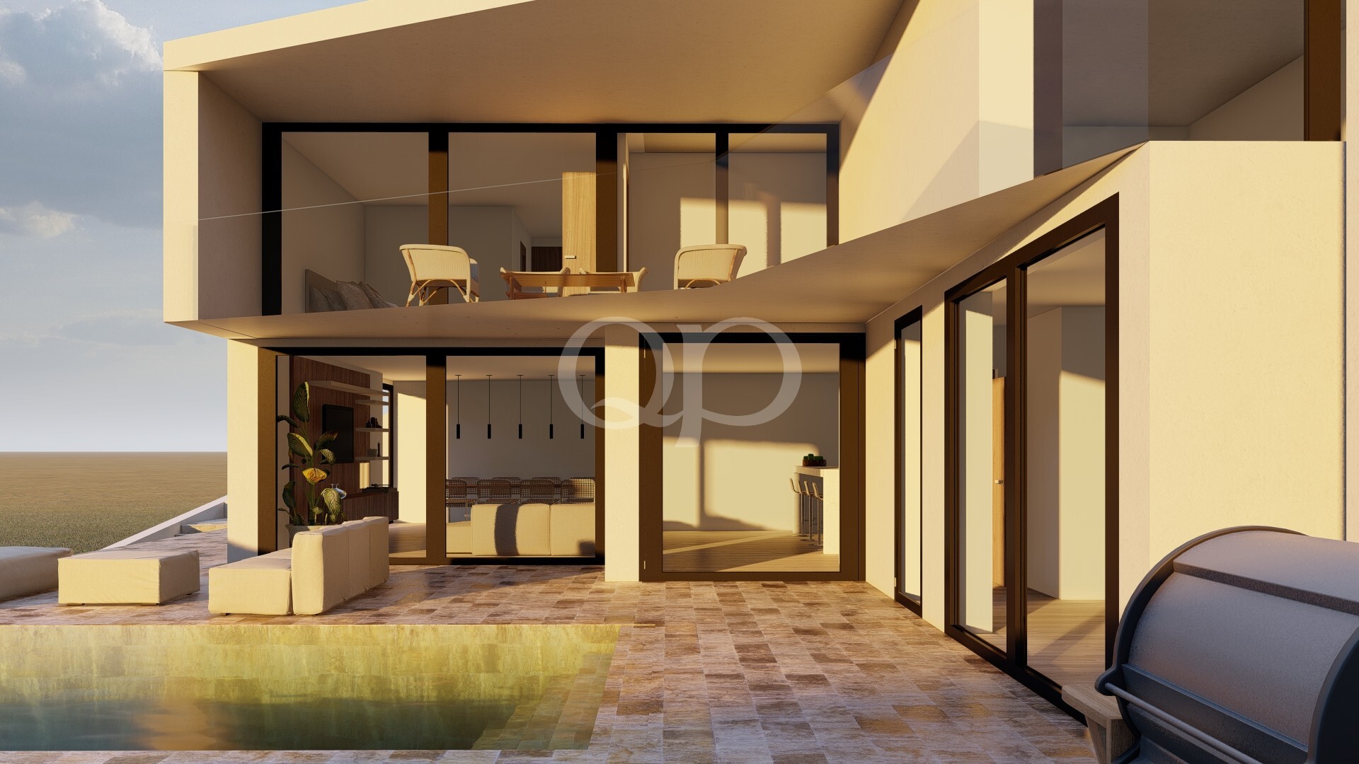 Maison moderne à deux étages, dotée de baies vitrées, d'une façade beige et d'un balcon à l'étage supérieur équipé de chaises longues, surplombant une terrasse au bord de la piscine.