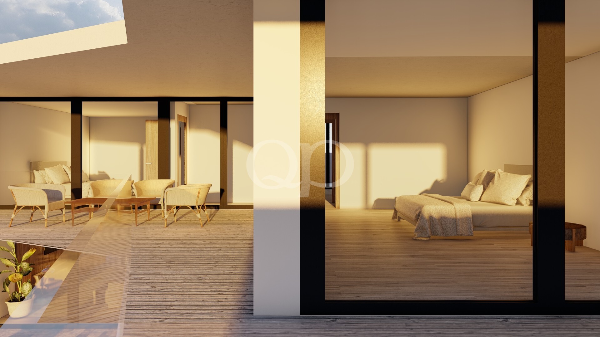 Un espace de vie moderne et ouvert, doté d'un coin salon extérieur sur une terrasse en bois et d'un coin chambre baigné par la lumière chaleureuse du coucher de soleil.