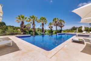 Piscina infinita com azulejos azuis e deck bege, rodeada por palmeiras sob um céu azul brilhante, num resort ensolarado. - Imagem informativa que transmite a cena e o ambiente de uma zona de piscina com árvores e bancos.