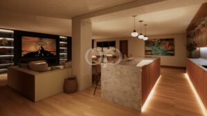Open-concept living area with a marble kitchen island, wooden cabinets, and warm pendant lights in a modern home interior.
