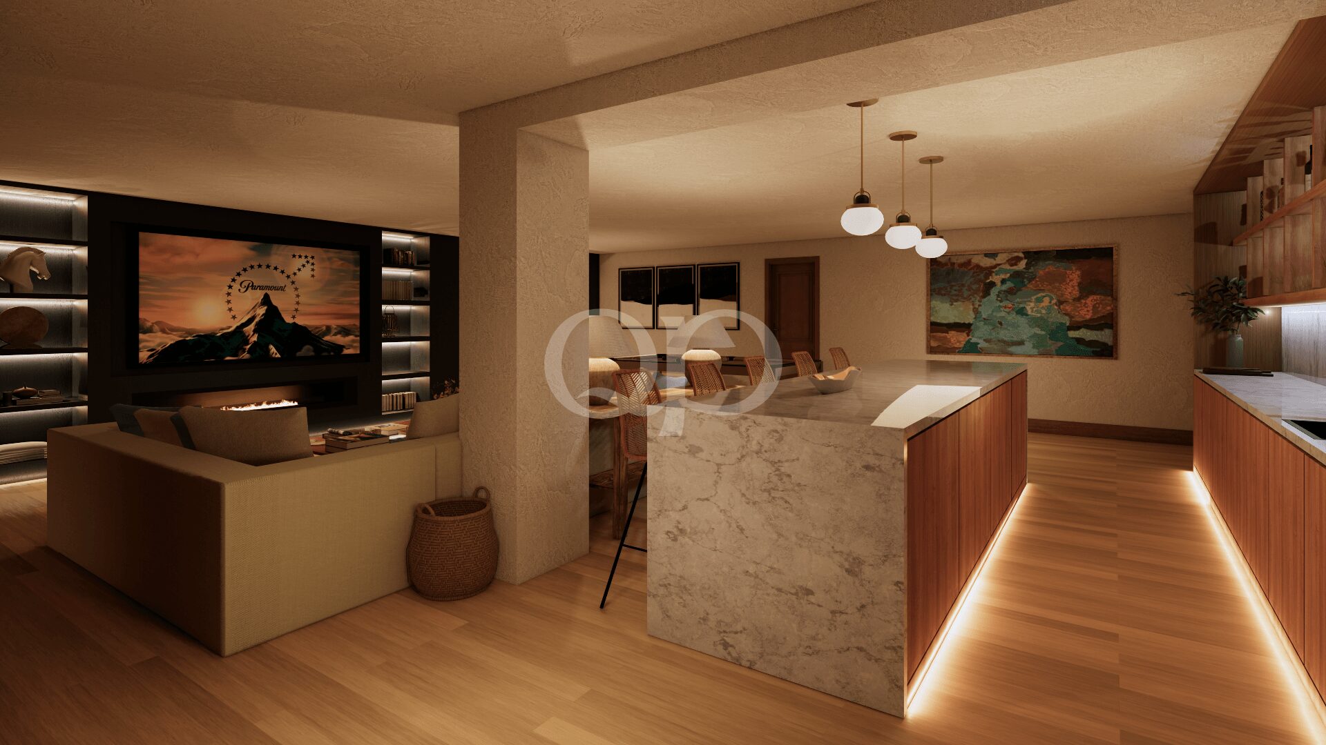 Open-concept living area with a marble kitchen island, wooden cabinets, and warm pendant lights in a modern home interior.