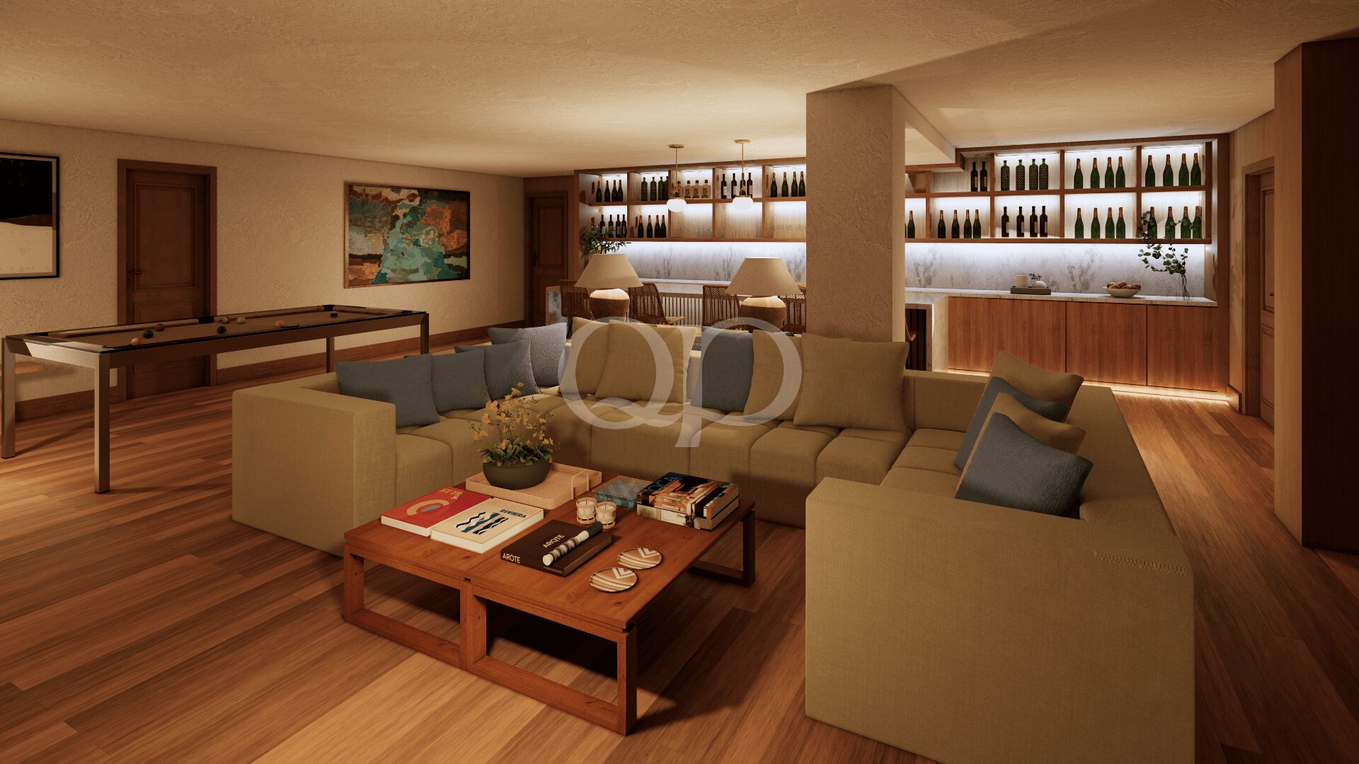 Cozy basement lounge with a beige sectional sofa, blue cushions, and a coffee table stacked with magazines under warm lighting.
