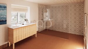Light-filled bathroom with a double-sink wooden vanity, window with shade, and a glass-walled shower near a patterned tiled wall.