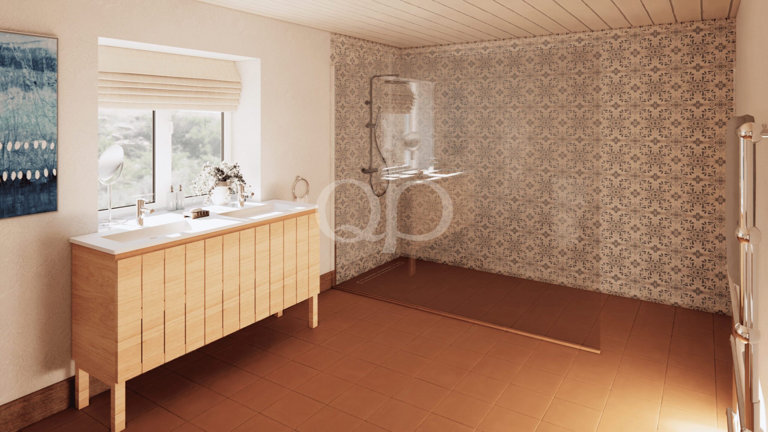 Light-filled bathroom with a double-sink wooden vanity, window with shade, and a glass-walled shower near a patterned tiled wall.