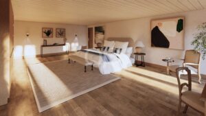 A spacious bedroom with a large bed, two nightstands, and abstract wall art on the right; wooden floors and warm lighting create a cozy atmosphere.