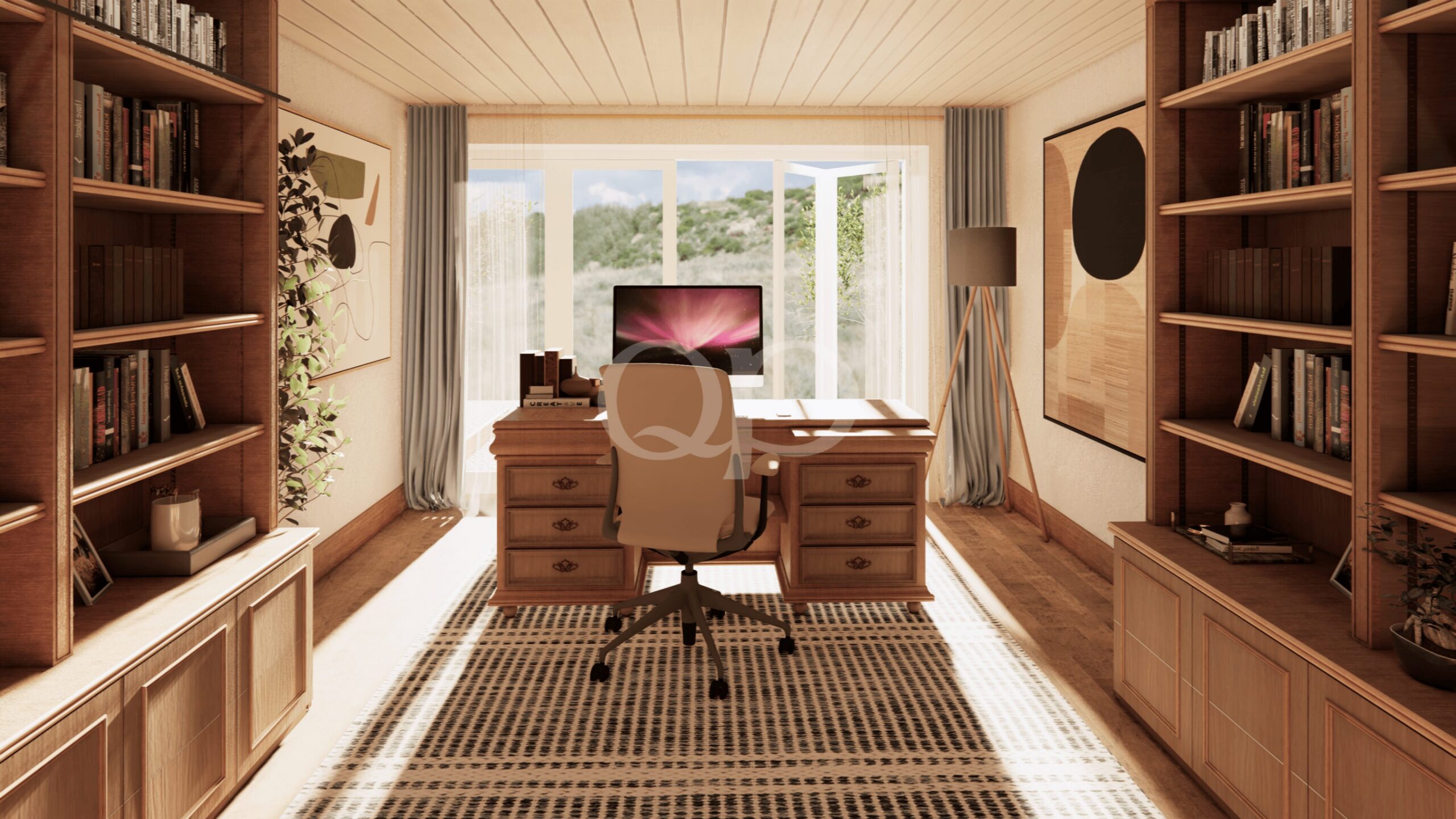 Home office with wooden bookshelves, a central desk, chair, and a computer monitor, facing large windows with a scenic outdoor view.
