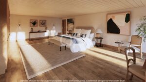 Chambre luxueuse de style hôtelier, dotée d'un lit king size, de deux tables de chevet, de lampes et d'œuvres d'art abstraites accrochées sur des murs texturés aux tons chauds.