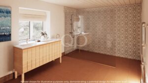 Salle de bains équipée d'un meuble-lavabo en bois clair à double vasque, d'une fenêtre avec des stores et d'une douche vitrée adossée à un mur carrelé à motifs.