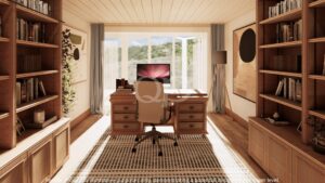 Bureau/bibliothèque avec des étagères en bois remplies de livres de part et d'autre d'un bureau et d'une chaise placés au centre, face à une grande fenêtre donnant sur la verdure à l'extérieur.