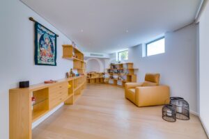 Light-filled basement living area with wooden built-in shelves, a tan leather chair, and decorative artifacts on the shelves.