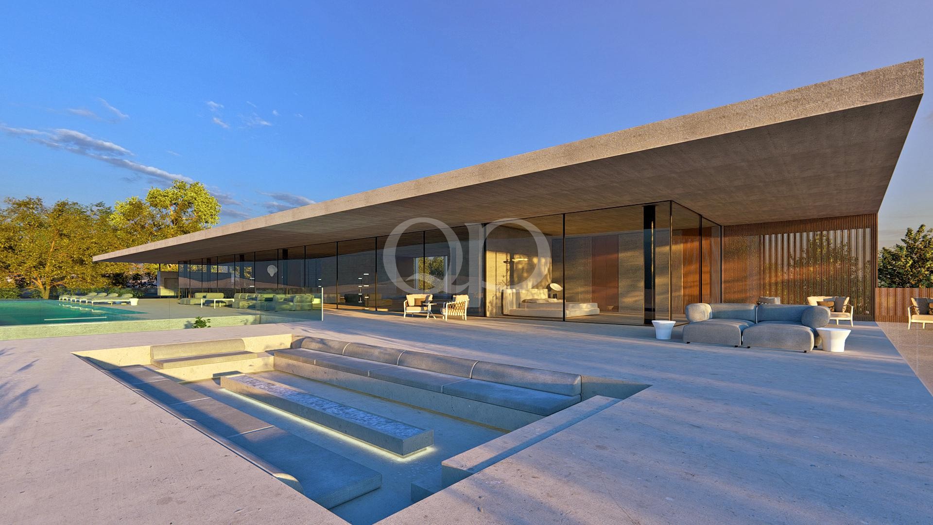Casa moderna com paredes de vidro, um telhado longo em balanço, piscina e uma área de estar ao ar livre.