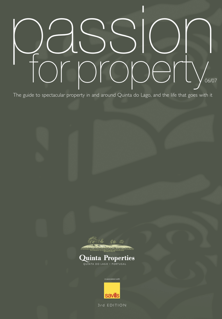 Book cover: 'Passion for Property' with subtitle on Quinta do Lago; Quintas Properties and Savills logos.