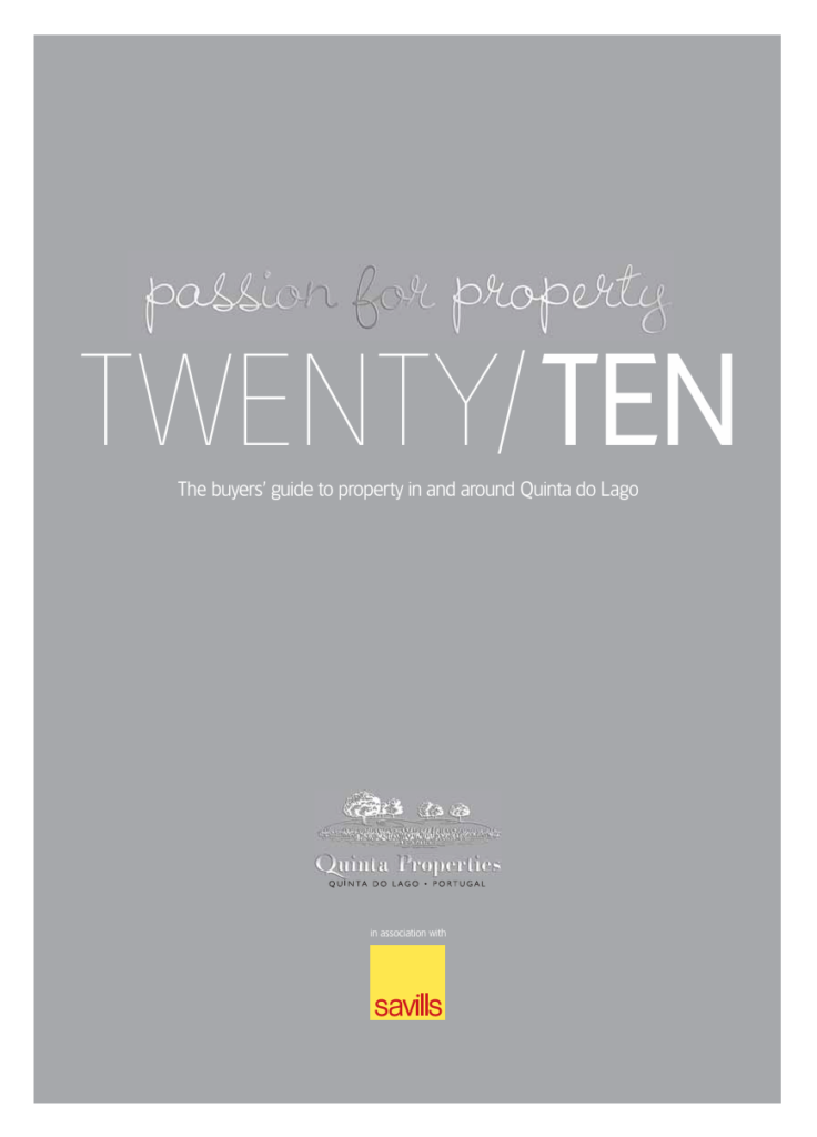 Poster titled TWENTY/TEN: The buyers' guide to property in and around Quinta do Lago with logos at the bottom on a grey background.