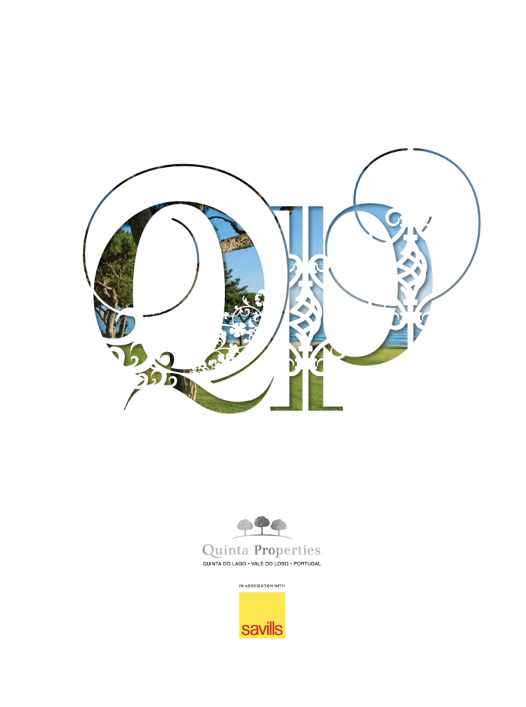 Decorative monogram-style wordmark with ornate letters containing a coastal landscape; Quinta Properties with Savills logo below.