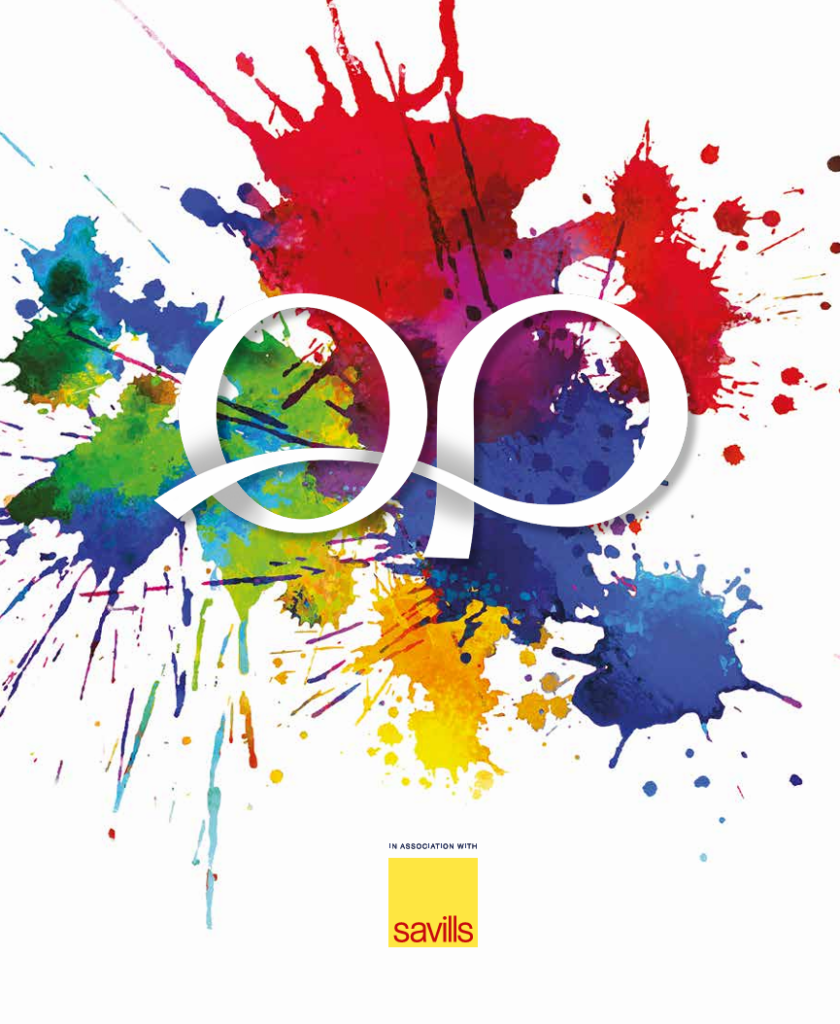 Colorful paint-splatter background with a white stylized '100' logo in the center; Savills logo below.