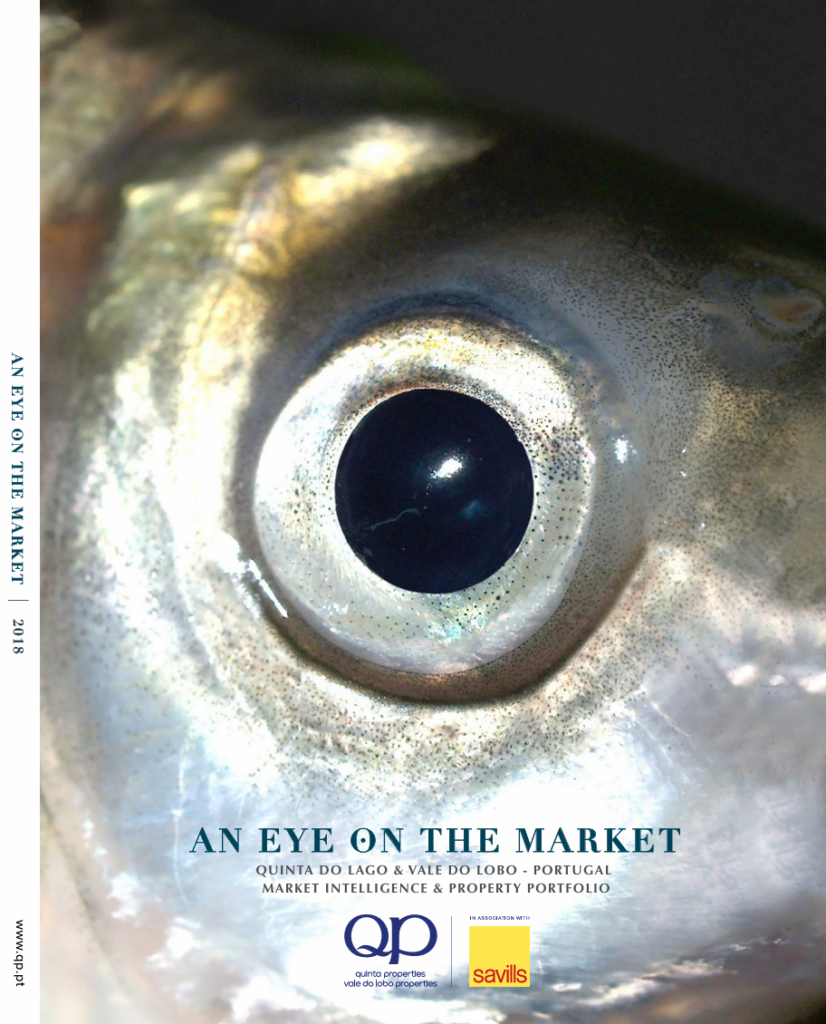 Close-up of a fish eye on a market report cover titled 'An Eye on the Market' with logos for Quinta Properties and Savills, 2018