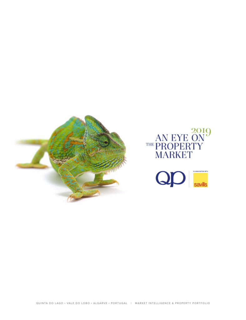 Chameleon on a white background beside the 2019 property market report title and partner logos (Savills) on the right.