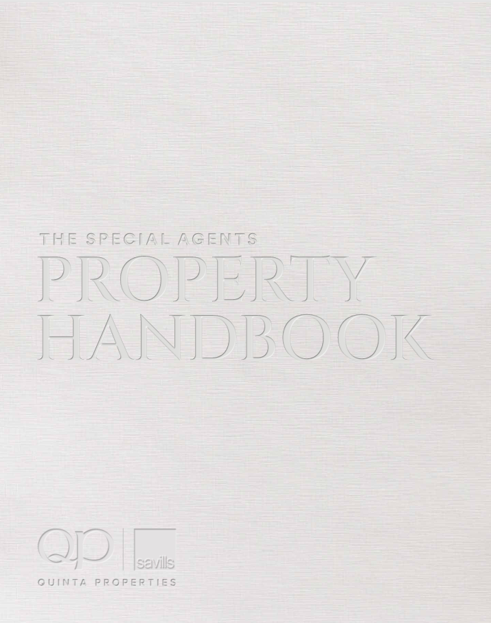 Light textured cover with embossed text reading 'THE SPECIAL AGENTS PROPERTY HANDBOOK' and the Quintas Properties logo in the lower-left.