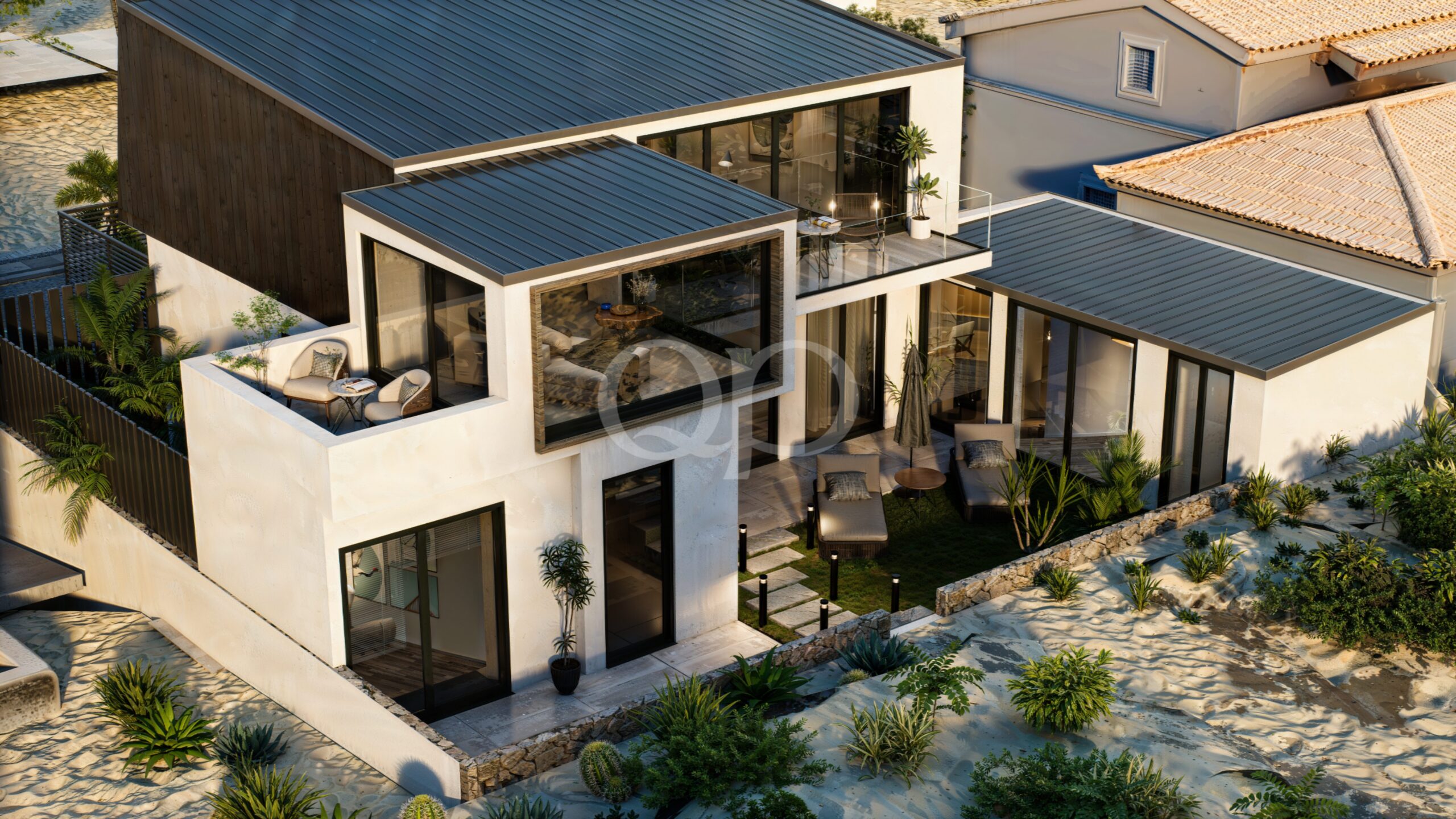 Maison contemporaine à deux étages, dotée de grandes baies vitrées, d'une toiture en métal foncé et d'une terrasse propice à la détente, nichée dans un cadre paysager de style désertique.