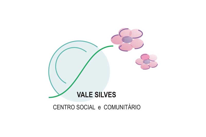 Vale Silves logo featuring an abstract green line over a pale circle and two pink flowers, with the text 'Vale Silves Centro Social e Comunitário'.