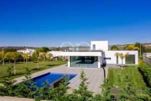 Casa branca moderna com amplas paredes de vidro, piscina retangular azul adjacente e relvado ladeado por palmeiras sob um céu azul límpido