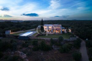 Ein modernes zweistöckiges Haus mit rotem Ziegeldach neben einem rechteckigen Pool, umgeben von Bäumen in der Abenddämmerung.
