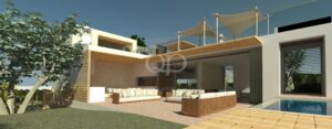 Área de estar exterior moderna de uma moradia contemporânea, com sofás de vime, parede de pedra e paredes de vidro que se abrem para o jardim e para a piscina.
