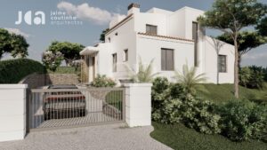 Maison moderne blanche à deux étages, dotée d'une allée fermée par un portail et d'un jardin paysager à l'avant.