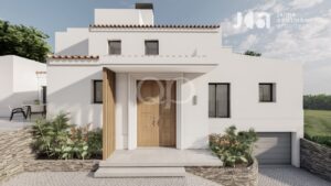 Maison moderne blanche à deux étages, dotée de doubles portes en bois, de jardinières en pierre et d'un petit coin salon extérieur sur la gauche ; le logo de Jaime Coutinho Arquitetos est visible dans le ciel.