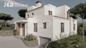 Maison moderne blanche à deux étages, avec des éléments de toiture en terre cuite, un muret en pierre servant de jardinière près de l'allée et un cadre végétal environnant.