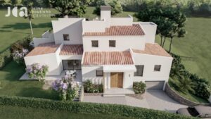 Rendu architectural d'une villa moderne blanche aux toits de tuiles en terre cuite, entourée d'une pelouse verte et d'arbustes.