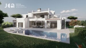 Villa contemporaine blanche au bord d'une piscine équipée de chaises longues, dotée de plusieurs terrasses et de balustrades en verre ; rendu architectural avec aménagement paysager.