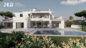 Villa moderne blanche à deux étages, dotée de portes vitrées et d'une piscine rectangulaire, entourée de transats et de plantes tropicales.