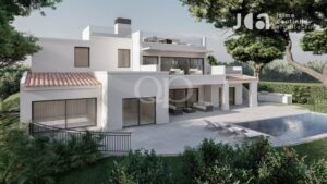 Villa moderne blanche dotée de plusieurs terrasses entourant une piscine rectangulaire et d'un coin salon extérieur aménagé sur une terrasse pavée.
